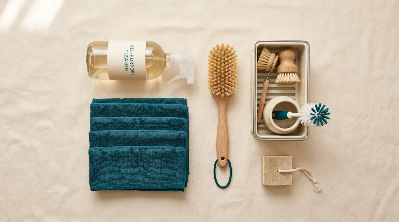 Neatly arranged professional cleaning supplies on a cream background